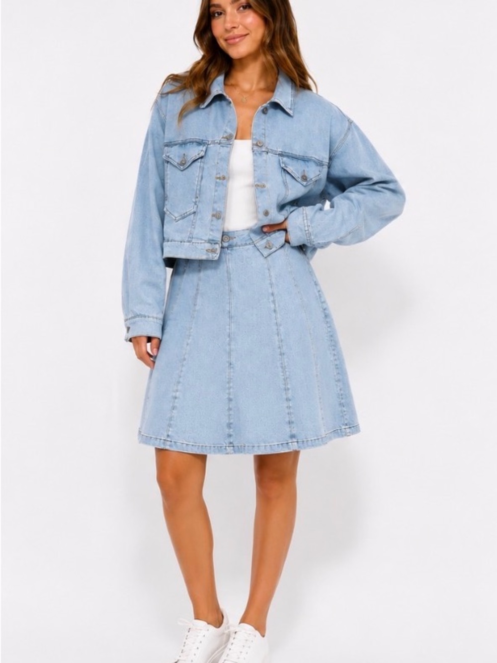 Light Blue Denim Midi Dress with A-Line Skirt